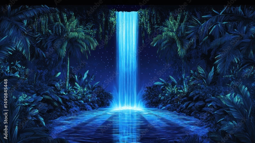 Fototapeta premium Luminous night waterfall in a lush jungle
