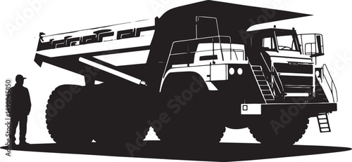 Silhouette Mining Dump Truck with Person for Scale in Black and White Illustration