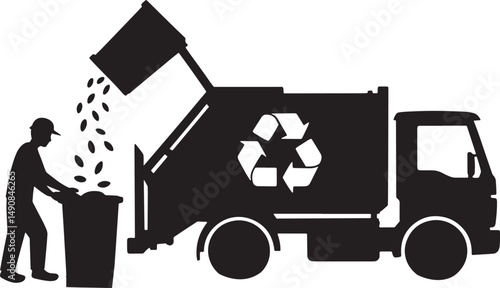 Silhouette of Sanitation Worker Emptying Trash into Recycling Truck on White Backdrop