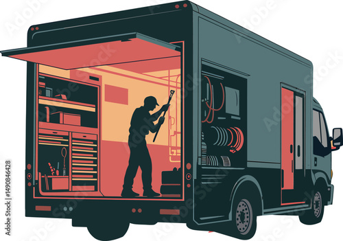 Mobile Repair Truck with Mechanic Silhouette Inside on White Color Background