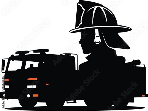 Firefighter Silhouette with Firetruck in the Background Ready for Emergency Response