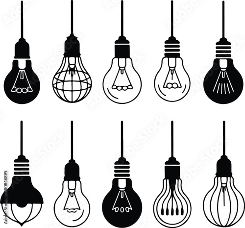 Bulb Icon Silhouette Set – Idea, Light, Innovation Vector Pack Black Light Bulbs Silhouette Icons – Energy, Lamp, Creativity Design