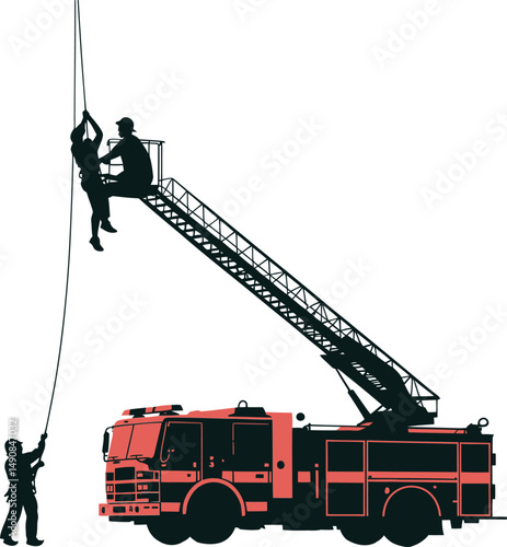 Firefighters Training with Ladder and Rope Silhouette Illustration on White Background
