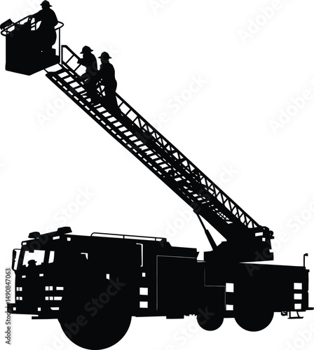 Silhouette of Firefighters on Ladder Truck Against a White Background