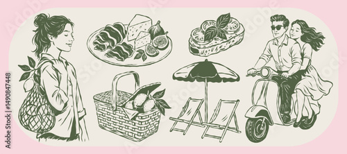 Vintage hand-drawn illustration of Italian summer. Romantic couple on a scooter, picnic food with figs, cheese, bruschetta, fresh lemons, and sun loungers by the sea. Mediterranean design