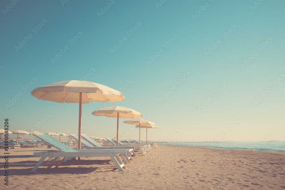 Obraz premium capture minimalist scene of beach with sun loungers and umbrellas casting long shadows on sand conveying essence of