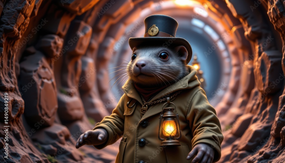 Fototapeta premium charming mole wearing a trench coat, adorned with a lantern necklace, in a steampunk style, vibrant underground tones, detailed textures, tunnel composition, high resolution