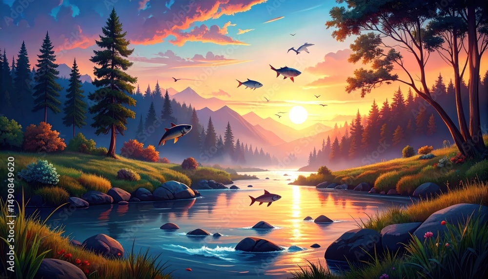 Fototapeta premium Enchanting Dusk Landscape with Leaping Fish and Tranquil River Reflection