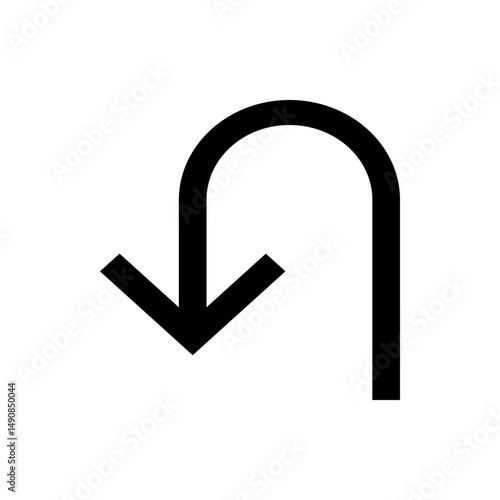 Illustration of a simple black u turn arrow pointing downwards on a plain white background graphic design