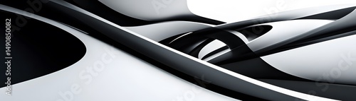 Abstract design of flowing black and white shapes.