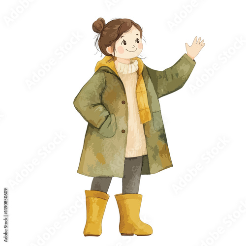 Cheerful Girl in Autumnal Attire Waving with a Smile and Boots