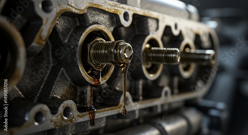 Engine Oil Leak Repair - Close-up of engine oil leaking from a cylinder head, showing the need for repair or maintenance