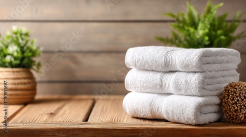 Stacked white towels on a wooden table with plants
