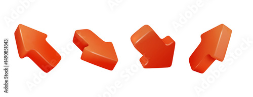 Red 3d arrows pointing in different directions. Vector realistic arrow cursors set isolated. PNG
