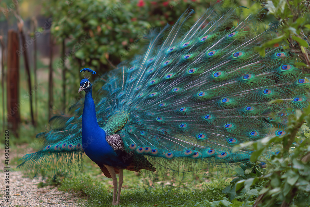 Obraz premium Blue and White Peacock with Wings Spread in a Green Garden
