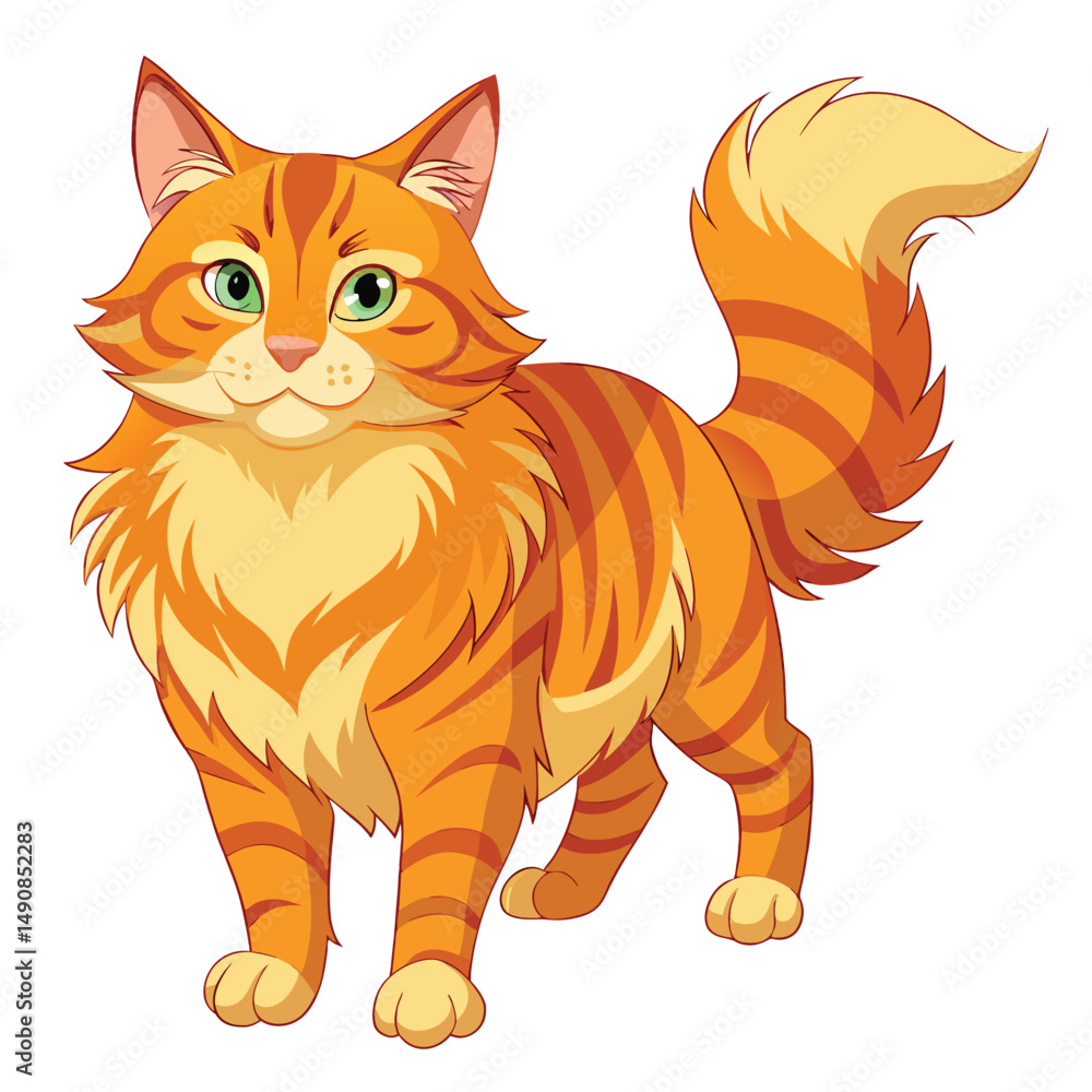 Fototapeta premium A majestic ginger cat with a slightly ruffled coat walking forward confidently on white background 