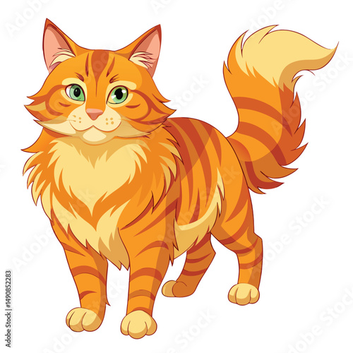 A majestic ginger cat with a slightly ruffled coat walking forward confidently on white background
