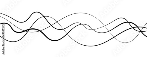 Abstract design featuring thin, elegant wave black lines flowing gracefully across a clean white background. The lines should appear delicate and dynamic, with smooth curves and varying opacity.