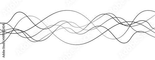 Abstract design featuring thin, elegant wave black lines flowing gracefully across a clean white background. The lines should appear delicate and dynamic, with smooth curves and varying opacity.