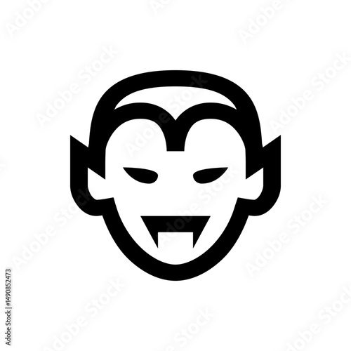 Illustration of a stylized vampire head with fangs and dark eyes in a simple black and white design