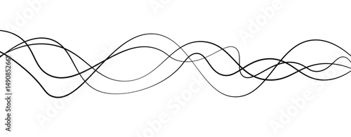 Abstract design featuring thin, elegant wave black lines flowing gracefully across a clean white background. The lines should appear delicate and dynamic, with smooth curves and varying opacity.
