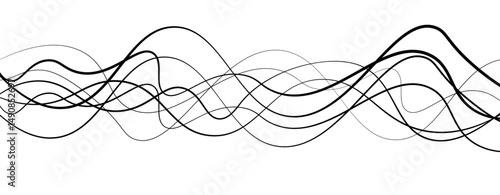 Abstract design featuring thin, elegant wave black lines flowing gracefully across a clean white background. The lines should appear delicate and dynamic, with smooth curves and varying opacity.