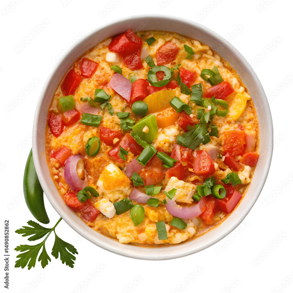 Menemen on white bowl top view isolated on white background Menemen on white bowl top view isolated on white background