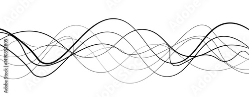 Abstract design featuring thin, elegant wave black lines flowing gracefully across a clean white background. The lines should appear delicate and dynamic, with smooth curves and varying opacity.