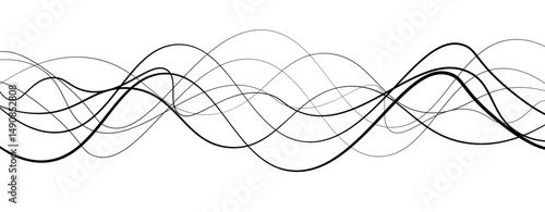 Abstract design featuring thin, elegant wave black lines flowing gracefully across a clean white background. The lines should appear delicate and dynamic, with smooth curves and varying opacity.