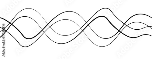 Abstract design featuring thin, elegant wave black lines flowing gracefully across a clean white background. The lines should appear delicate and dynamic, with smooth curves and varying opacity.