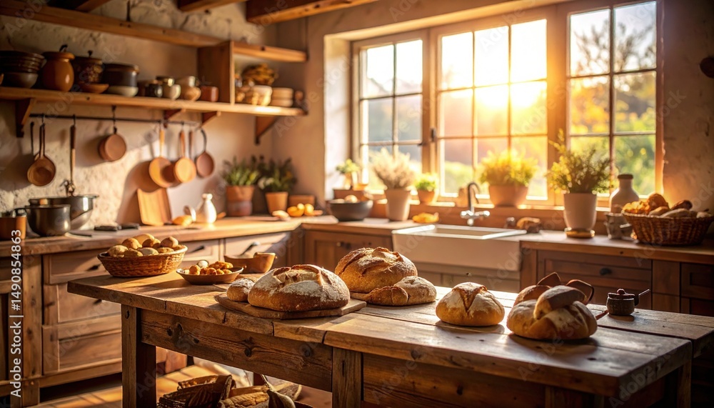 Fototapeta premium Rustic Kitchen with Bread and Sunlight.