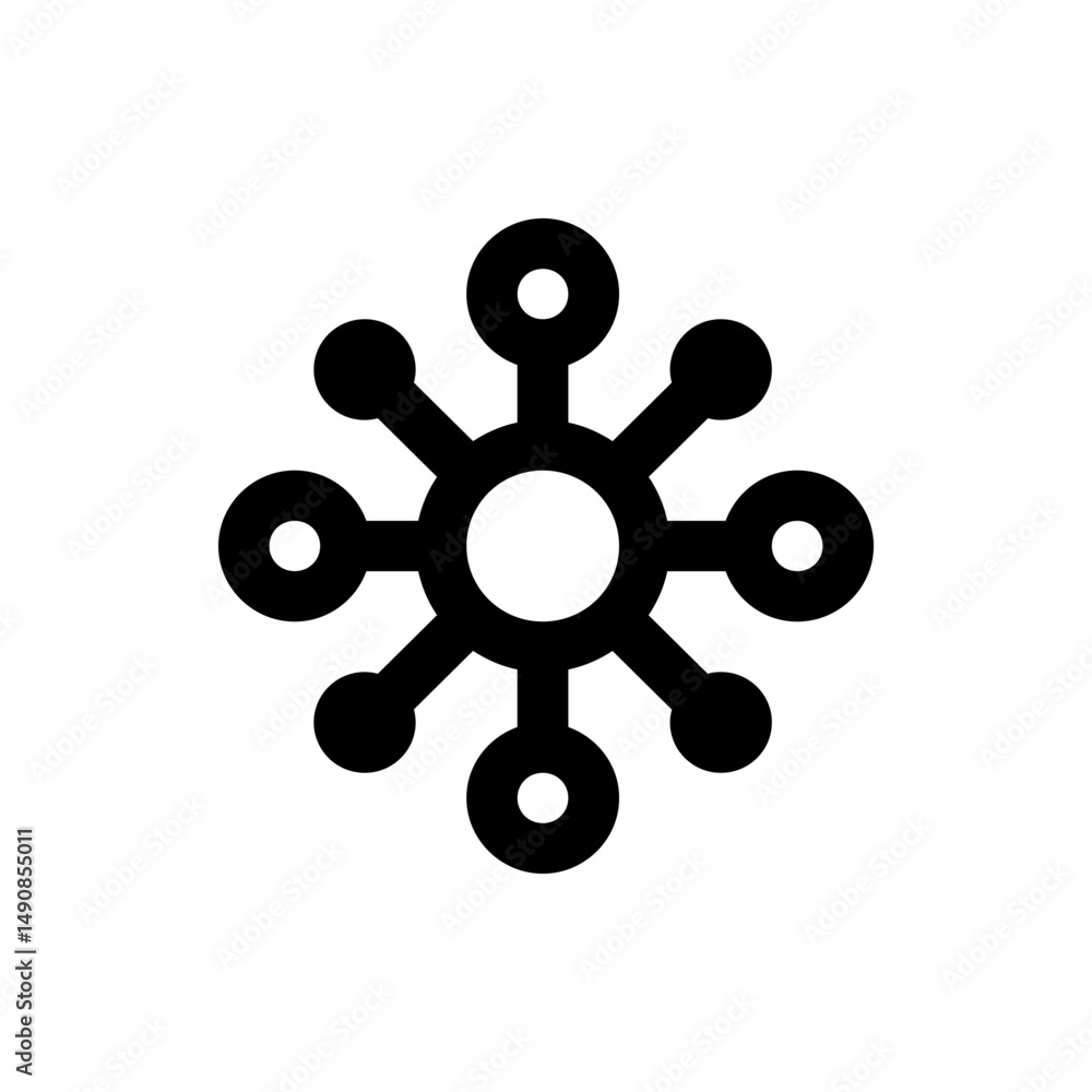 Black and white illustration of a central hollow circle connected to smaller circles by lines in a radial pattern Black and white illustration of a central hollow circle connected to smaller circles by lines in a radial pattern
