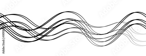 Abstract design featuring thin, elegant wave black lines flowing gracefully across a clean white background. The lines should appear delicate and dynamic, with smooth curves and varying opacity.