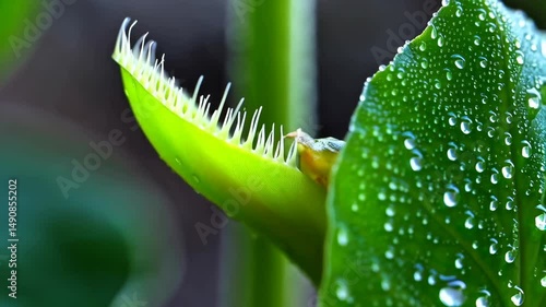 Close-up of a carnivorous plant showing the trigger hairs inside the open trap with water droplets on a nearby leaf.