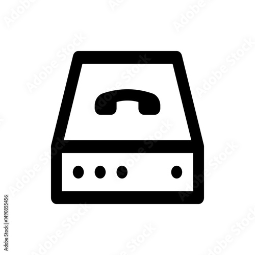 Black and white icon of a pbx system with a handset symbol on top and indicator lights below it