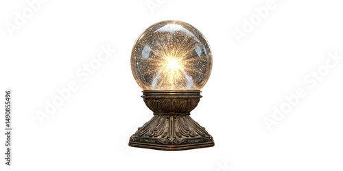 Antique Crystal Ball With Glowing Light Ornate Base. Mystical And Decorative Object Isolated On Transparent Background