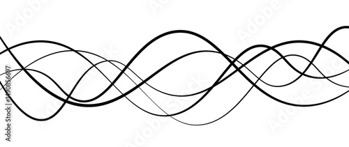 Abstract design featuring thin, elegant wave black lines flowing gracefully across a clean white background. The lines should appear delicate and dynamic, with smooth curves and varying opacity.