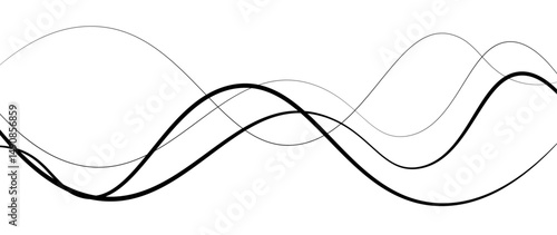 Abstract design featuring thin, elegant wave black lines flowing gracefully across a clean white background. The lines should appear delicate and dynamic, with smooth curves and varying opacity.