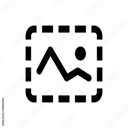 Image icon with landscape and sun inside a dashed border representing a picture or graphic element design
