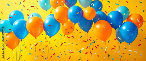 Vibrant blue & orange balloons against sunny yellow, confetti scattered, yellow, card