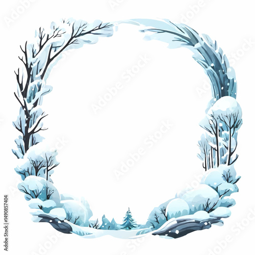 snowy winter landscape round picture frame pattern for insertion
