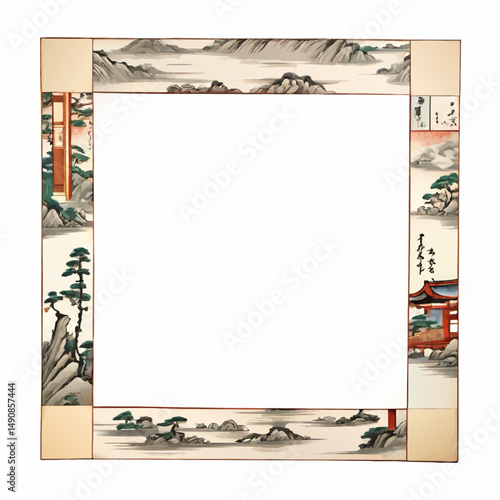 wooden picture frame pattern with asian landscape abd letters vector illustration for insertion