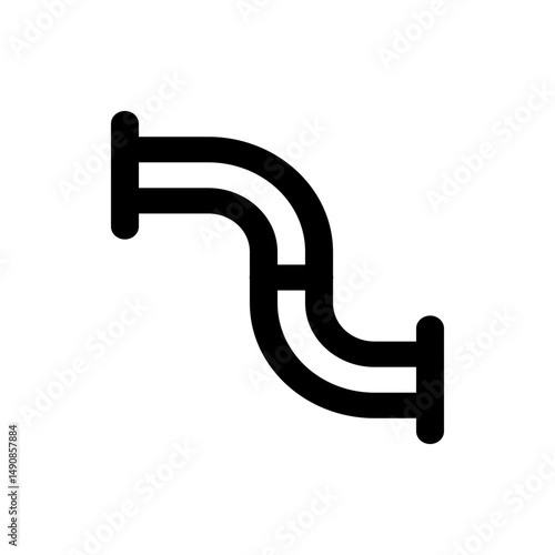 Illustration of a black and white double s shaped pipe fixture mounted on a wall with round flanges