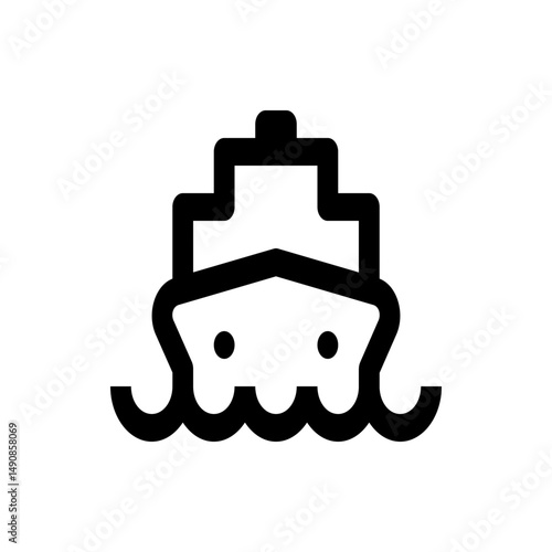 Simple black and white icon depicting a cruise ship sailing on wavy water with a front view design style