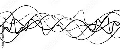 Abstract design featuring thin, elegant wave black lines flowing gracefully across a clean white background. The lines should appear delicate and dynamic, with smooth curves and varying opacity.