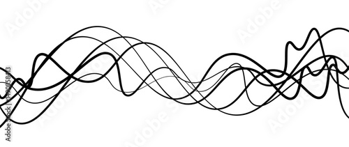 Abstract design featuring thin, elegant wave black lines flowing gracefully across a clean white background. The lines should appear delicate and dynamic, with smooth curves and varying opacity.