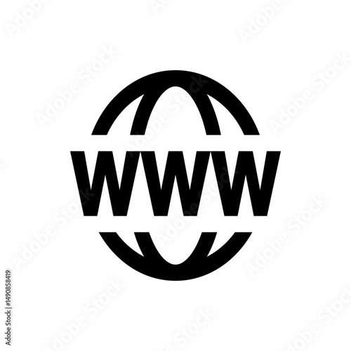 Illustration of a world wide web symbol with black globe and www text in bold font on a white background design