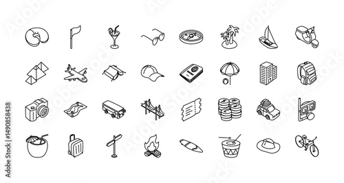 Travel and tourism icons set, isometric icons,  vocation signs for web development apps, websites, infographics, design elements– stock vector