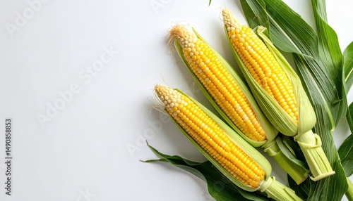  fresh corn on the cobs isolated on white background, organic and healthy food, raw vegetable