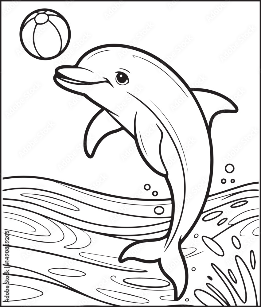 Fototapeta premium Adorable dolphin playing with ball coloring page for kids, Black line art vector illustration for children book design